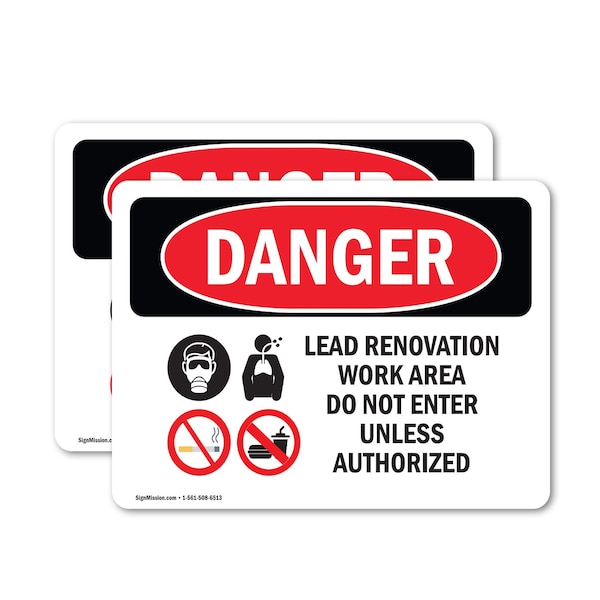 Signmission Lead Renovation Work Danger Sign, Vinyl Decal, 10in W x 7in L, 2PK OS-2PACK-DS-D-710-L-2182 - main